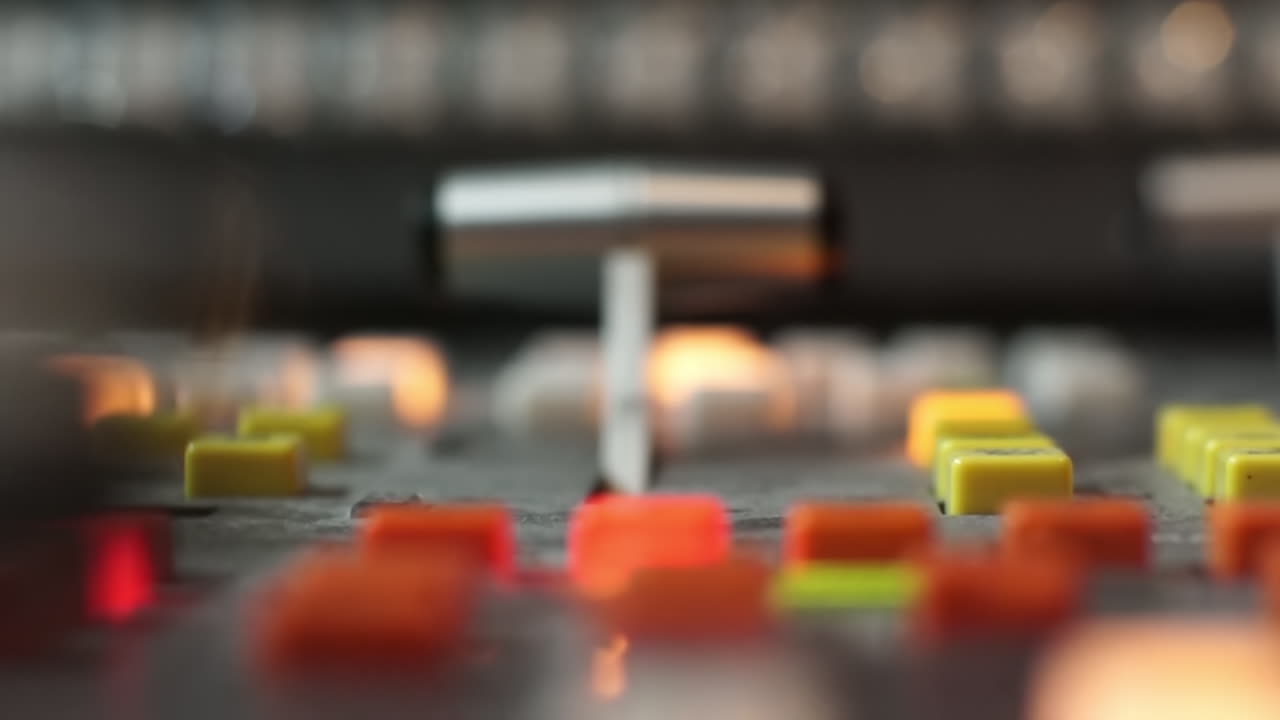 Close-up of an audio mixer and controls