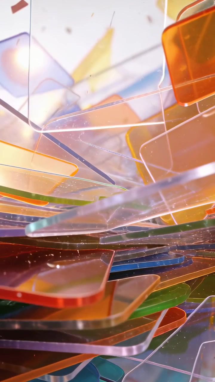 Vertical video: Camera pulling up exploring layered plates in studio, showing rim highlights, dust