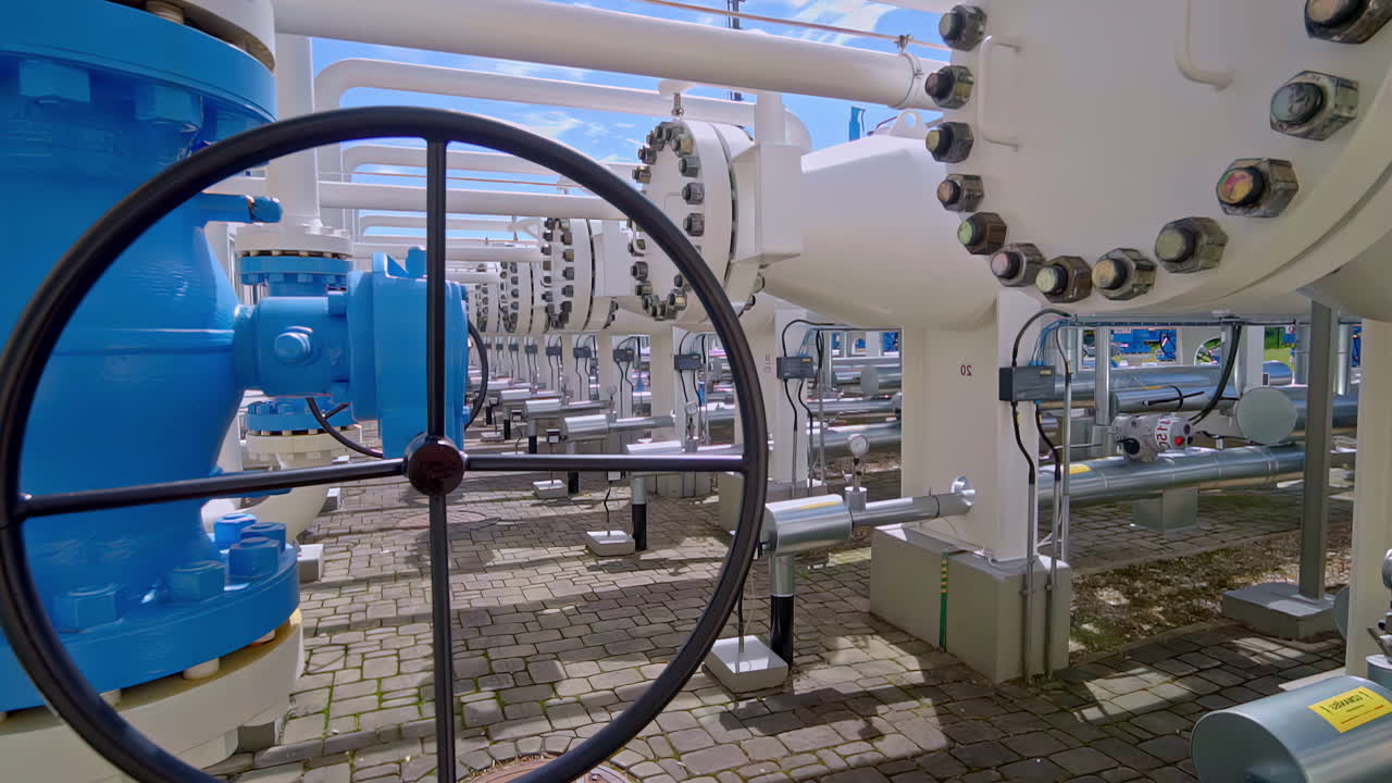 Long row of large blue manual valves on a natural gas pipeline at an industrial pumping and transport station, vital infrastructure for the energy industry in Latvia - panning reveal