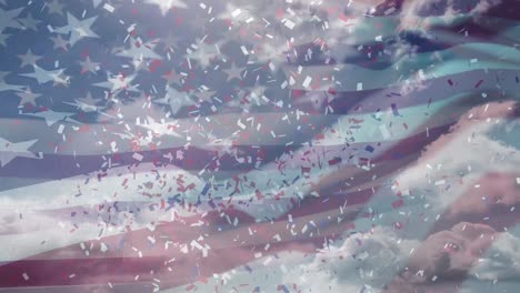 animation of red, white and blue confetti falling over flag of america and blue sky