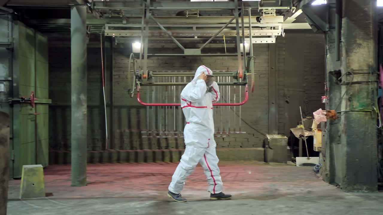 Industrial metal coating. Worker wearing protective wear performing powder coating of metal details
