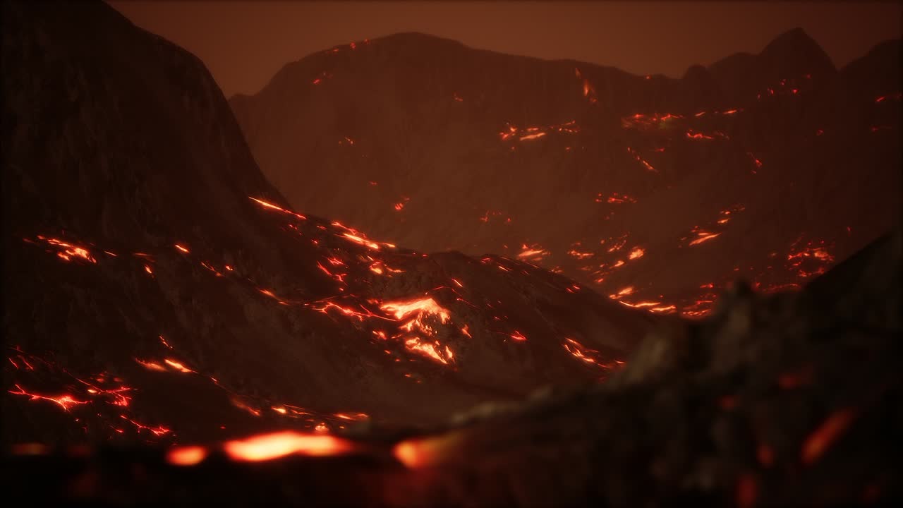 lava fundida roja y vibrante que fluye sobre un campo de lava gris y una tierra rocosa brillante