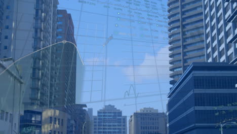 financial graph and data processing animation overlay on skyscrapers in city
