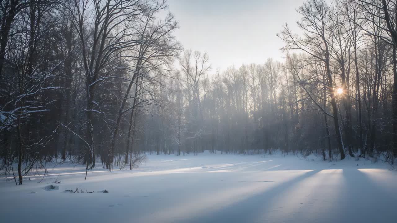 Emerging sun casting long diagonal tree shadows across snow-covered clearing at early morning, haze