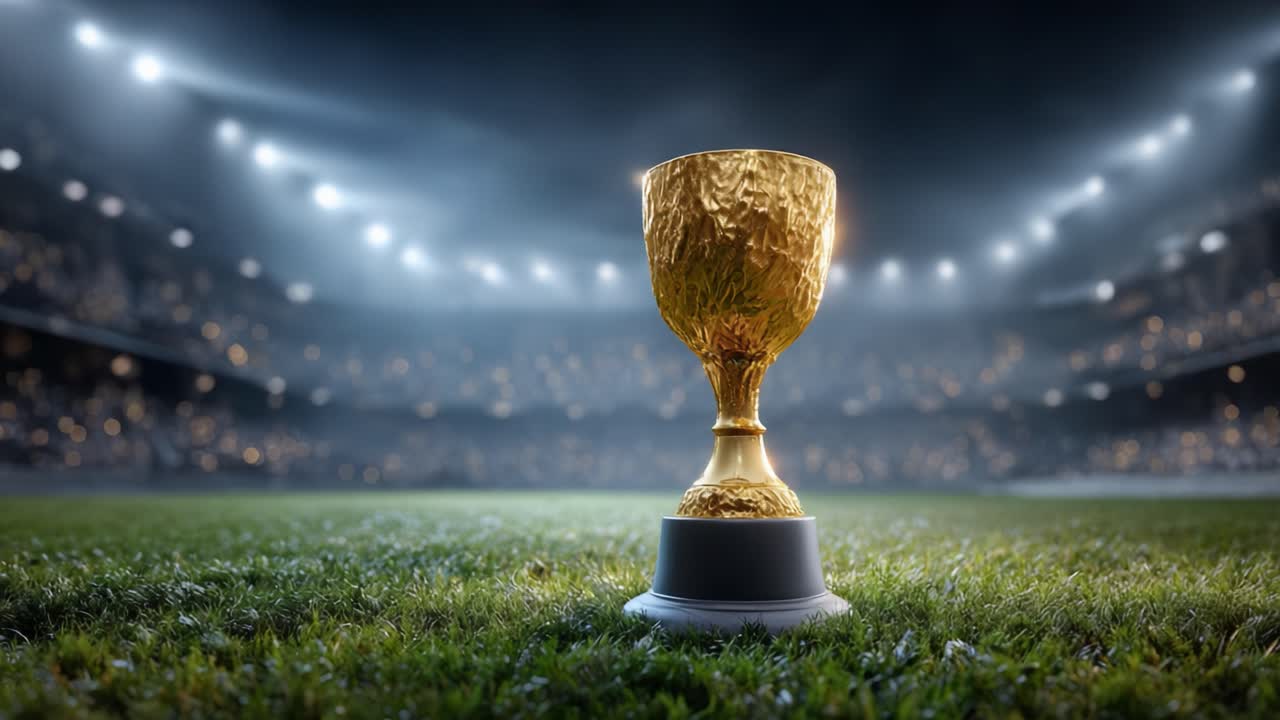Shimmering Golden Trophy Standing Proudly on the Field, Capturing the Essence of Victory and Triumph Amidst a Dramatic Sports Arena Atmosphere