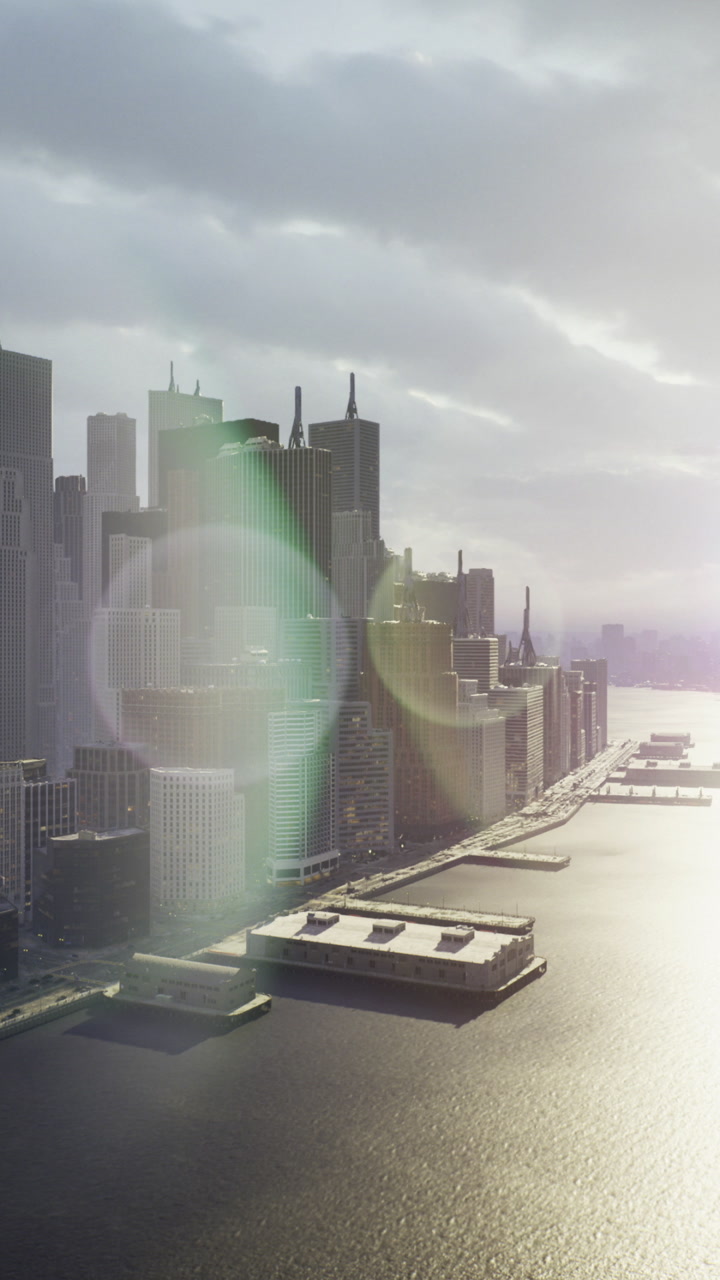 Skyline view of a vibrant city with radiant sunlight over the water