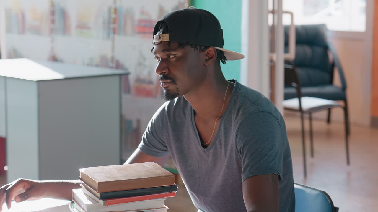 Young man in cap sits at table in sunlit library, gently tapping hand on surface beside stack of books, appearing deep in thought, with modern chairs and shelves in softly blurred background