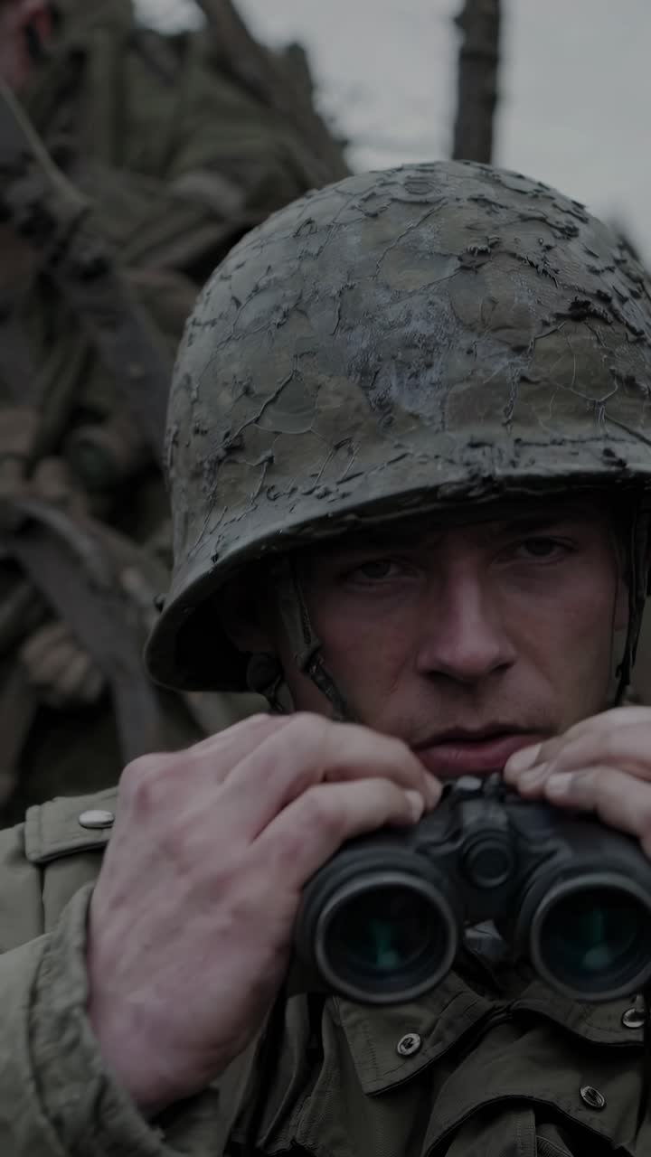 Moody landscape video still with a low-angle view of muddy tracks leading to distant smoke