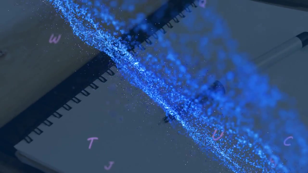 Animatie van vallende letters over een blauwe bewegende golf