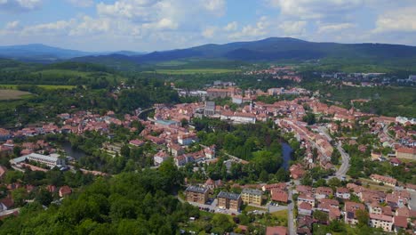 dramatic aerial top view flight mountain overview hill town panorama, krumlov czech republic summer 2023