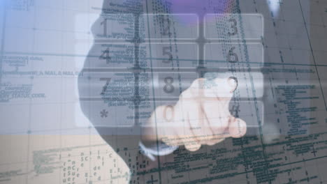 animación de una mujer de negocios caucásica tocando una pantalla interactiva con procesamiento de datos y dígitos
