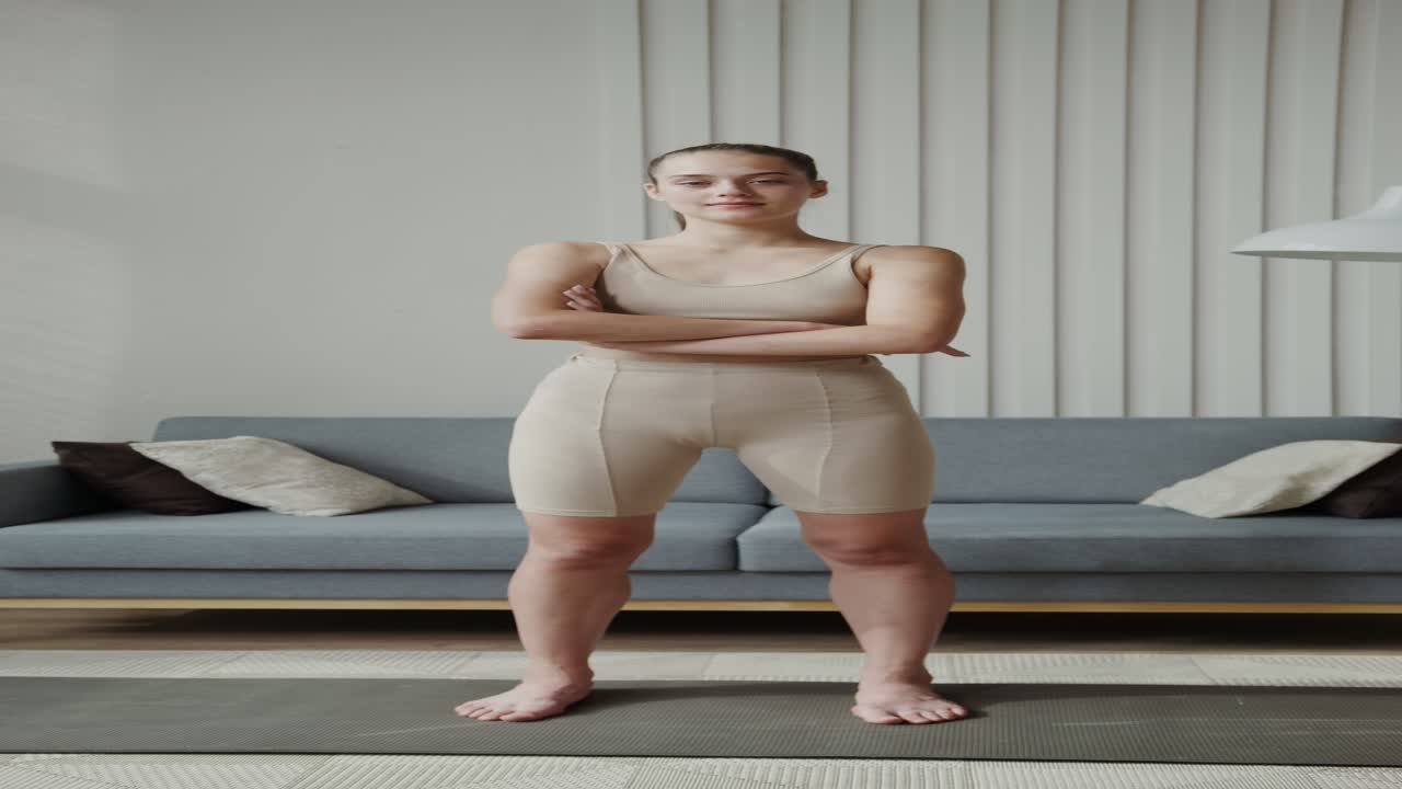 Woman in a yoga outfit standing on a mat in her living room