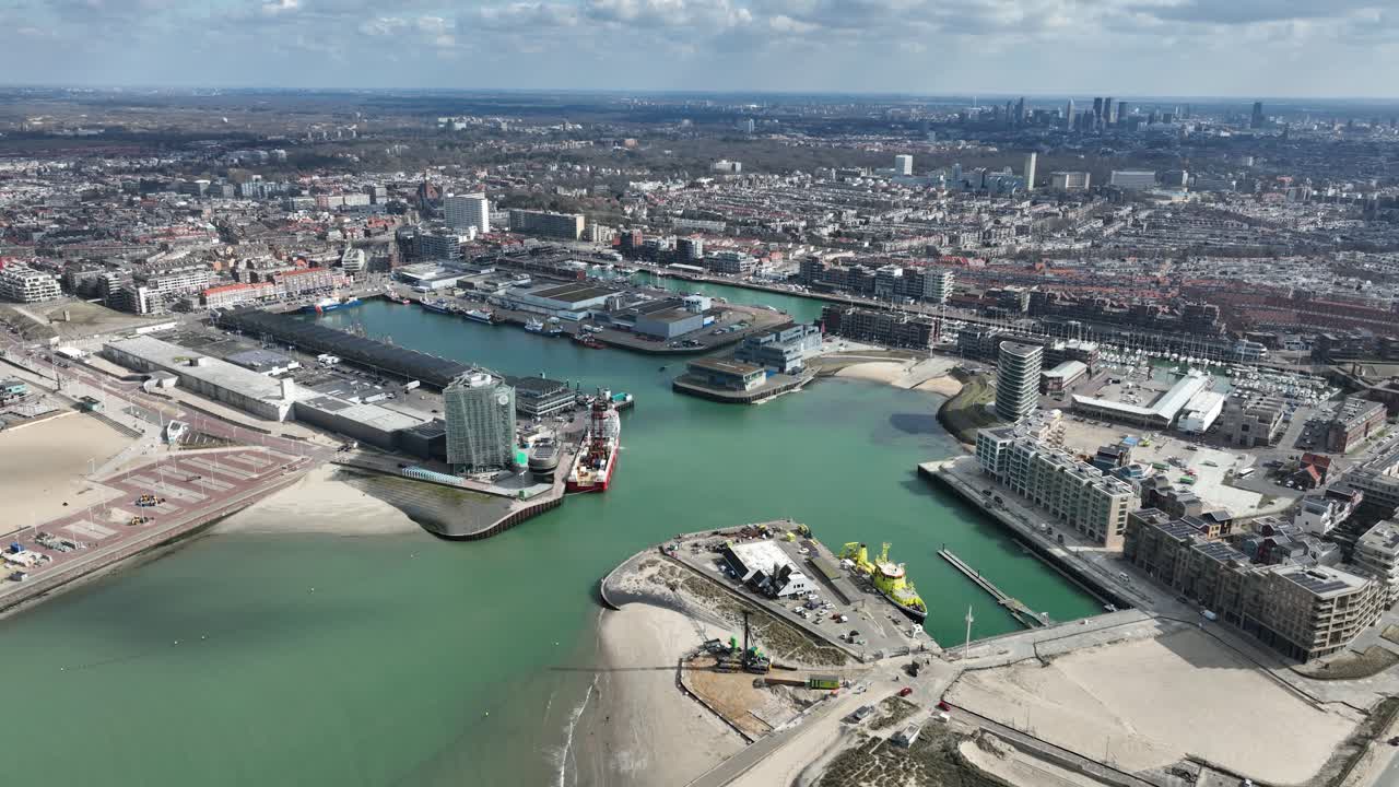 port of Scheveningen, industrial and leisure port, major city in South Holland, The Netherlands, North Sea, ship, boulevard, urban port.