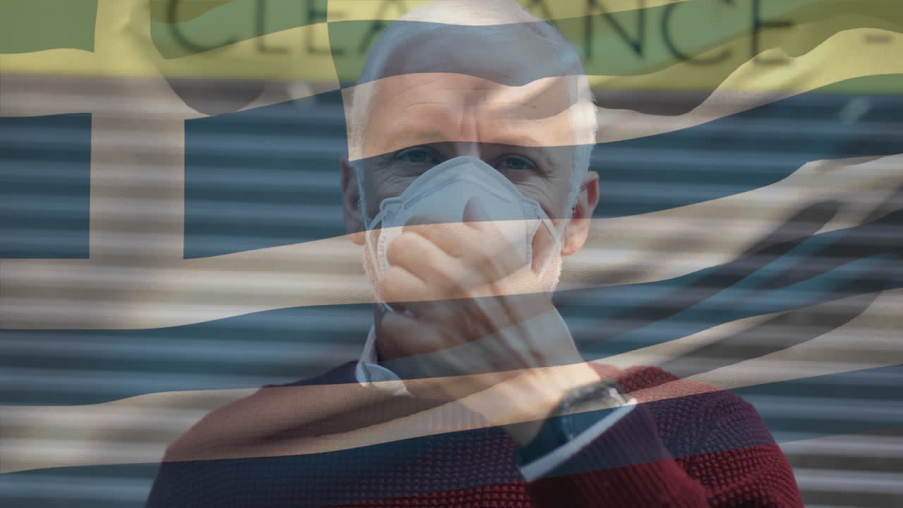 얼굴 마스크를 쓴 남자가 그리스 국기를 흔들고 있는 애니메이션