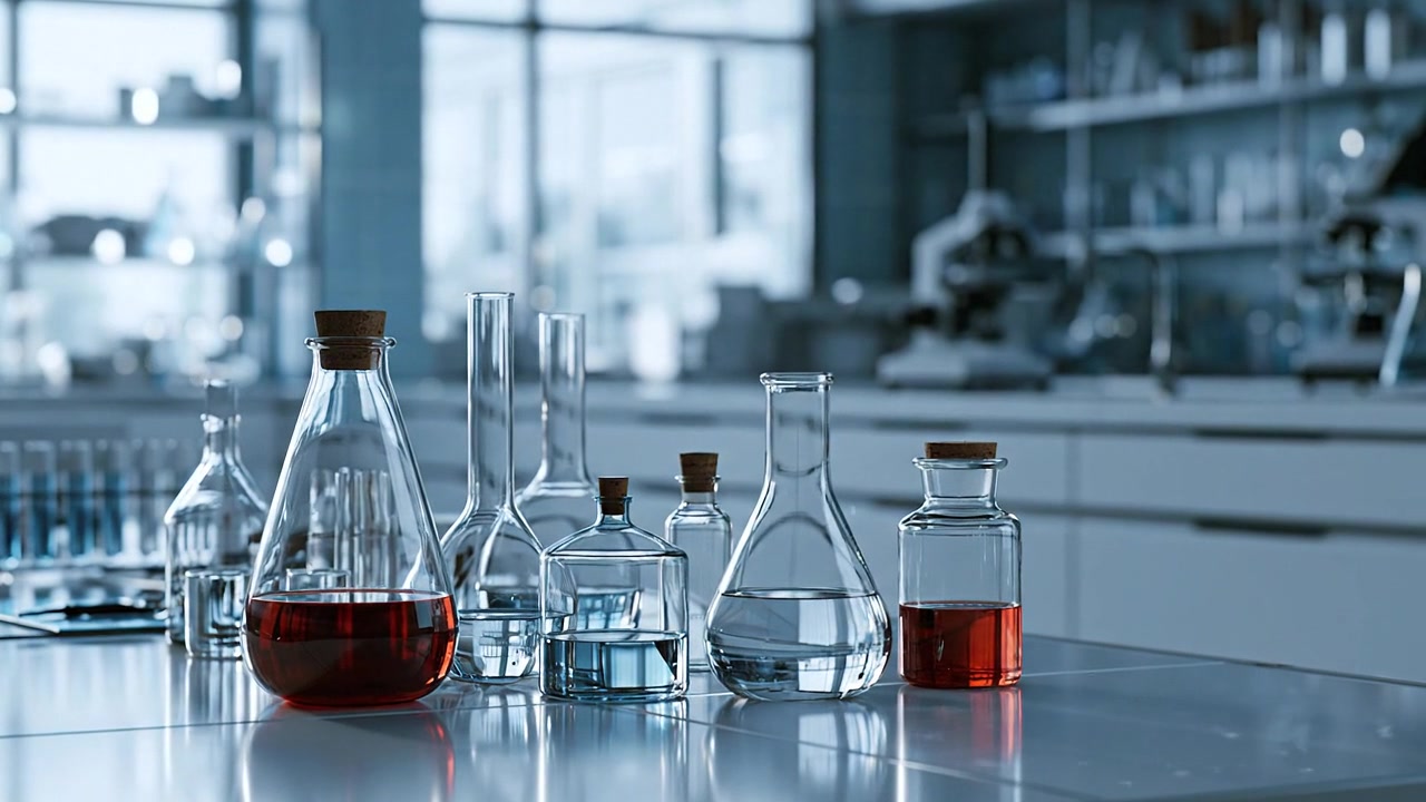 Scientific glassware containing red liquid on a bright laboratory bench