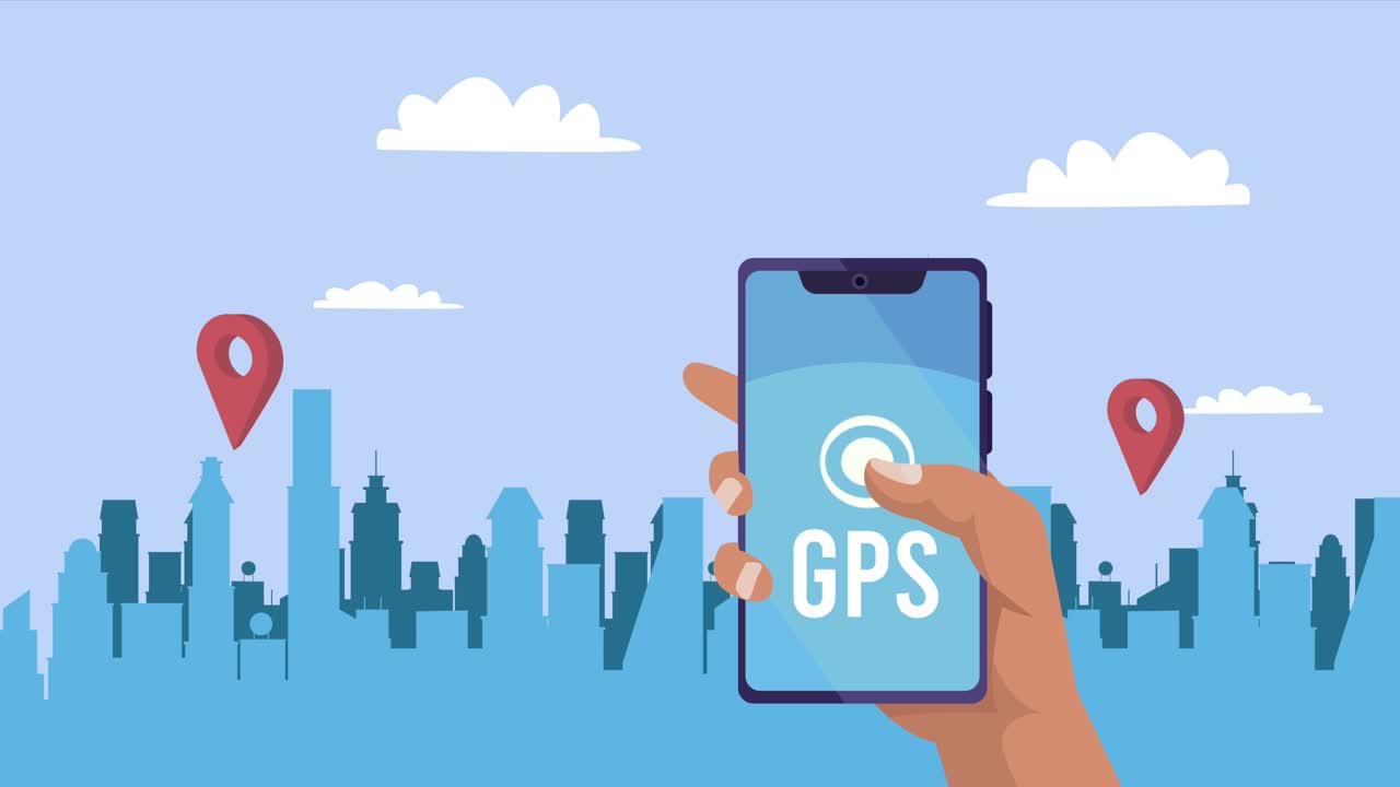 gps service animation with pin on the city and smartphone