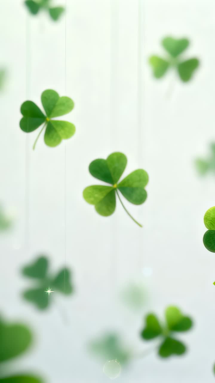 Vertical video: Drifting green clover group moving after animation at pale backdrop with bokeh