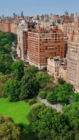 heavy traffic and congestion on the road going through the green area. new york scenery on sunny day. top view. vertical video