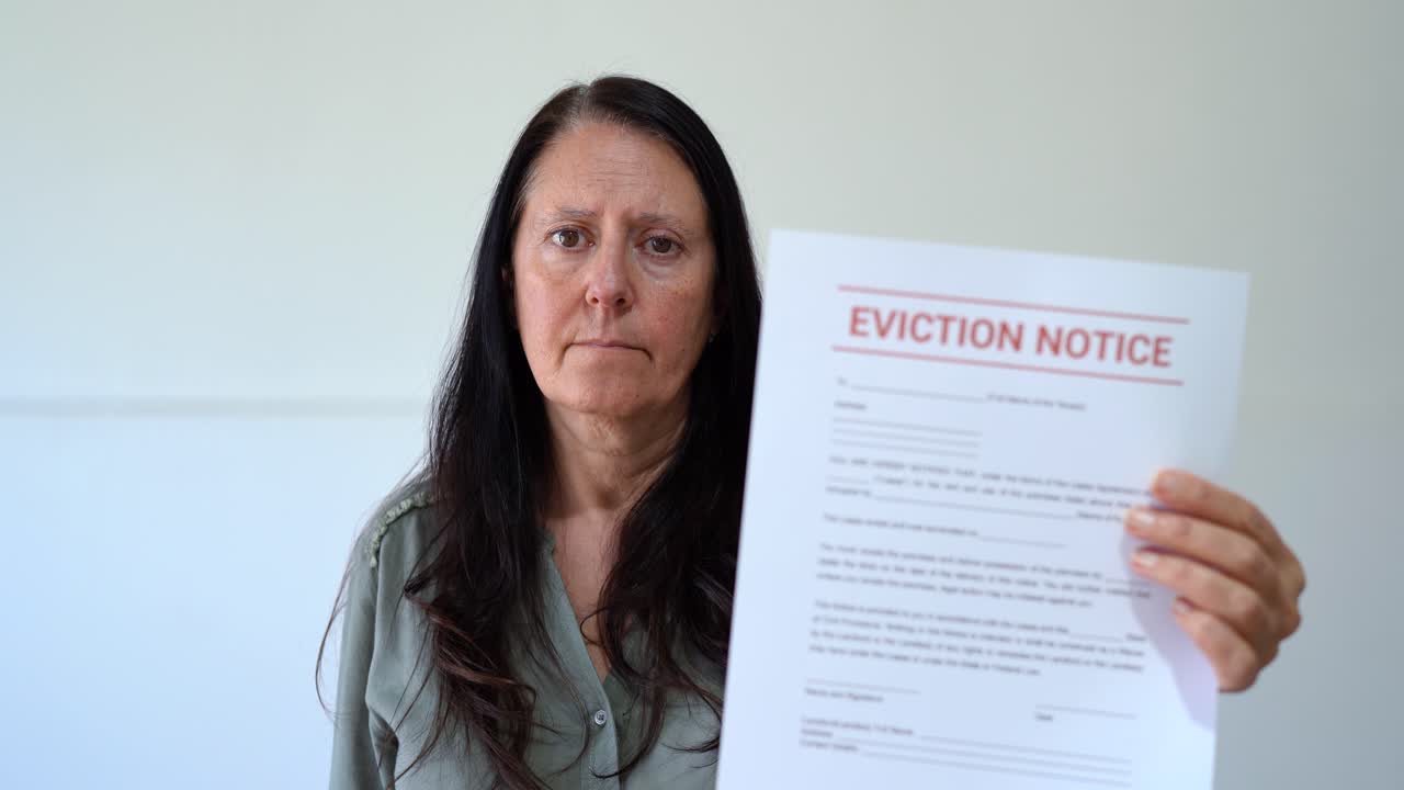 Sad middle age woman looking at the camera and holding an eviction notice. Concept of being kicked out of your home