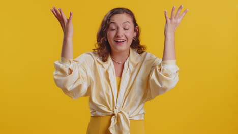 excited amazed woman showing head explosion looking worried shocked surprised girl wow idea eureka
