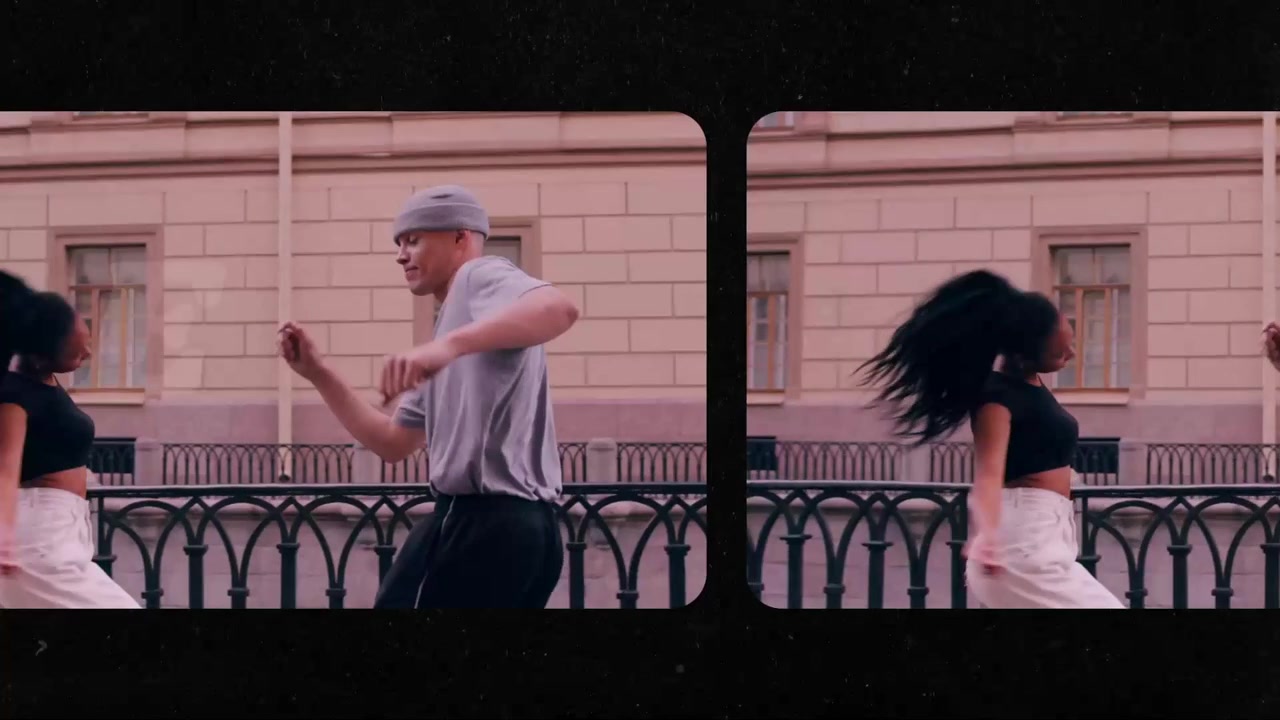 Danseurs de rue dynamiques se produisant en extérieur avec un effet d'écran partagé