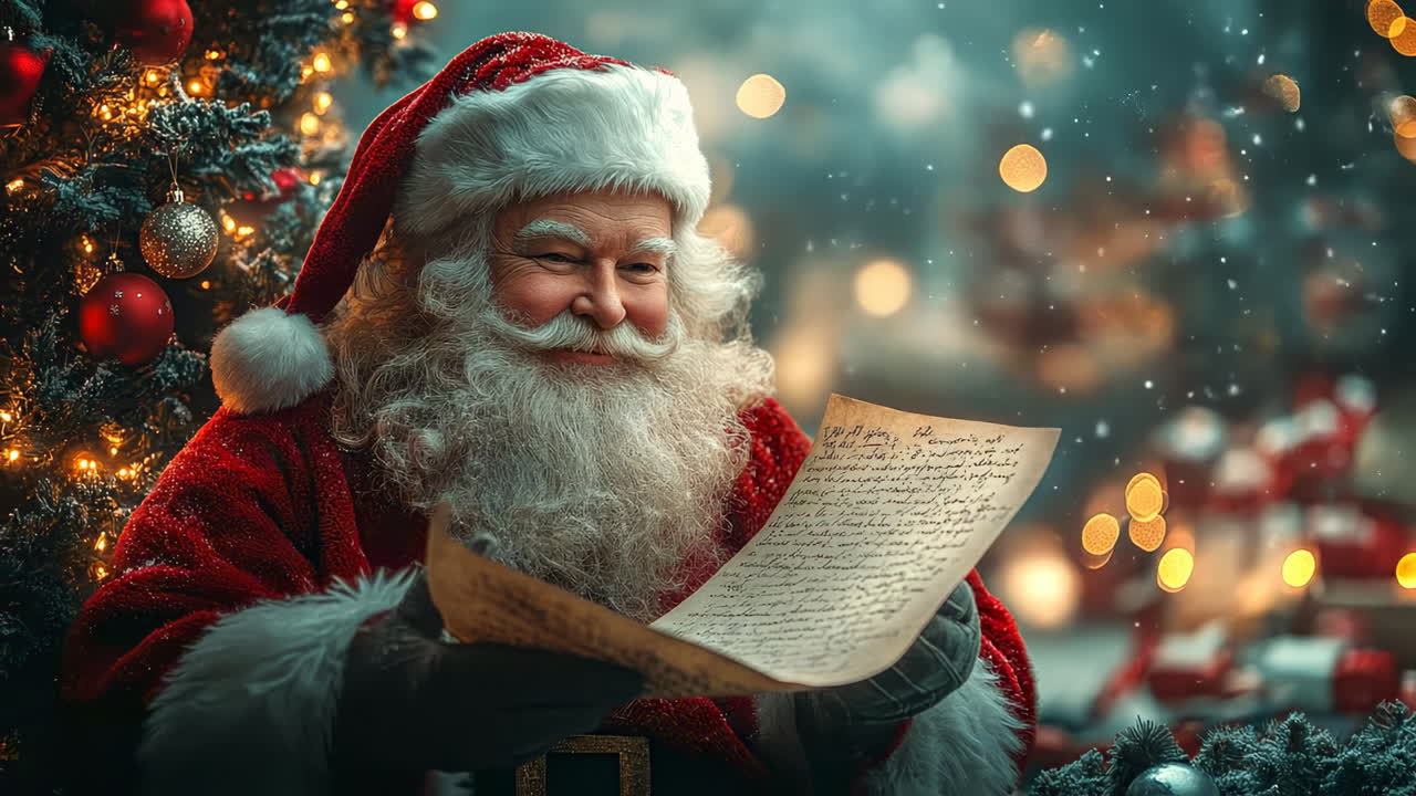 Santa Claus reading Christmas letter. Santa Claus sits by a decorated Christmas tree reading a letter, surrounded by festive lights and ornaments