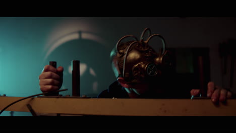 steampunk man in dark room