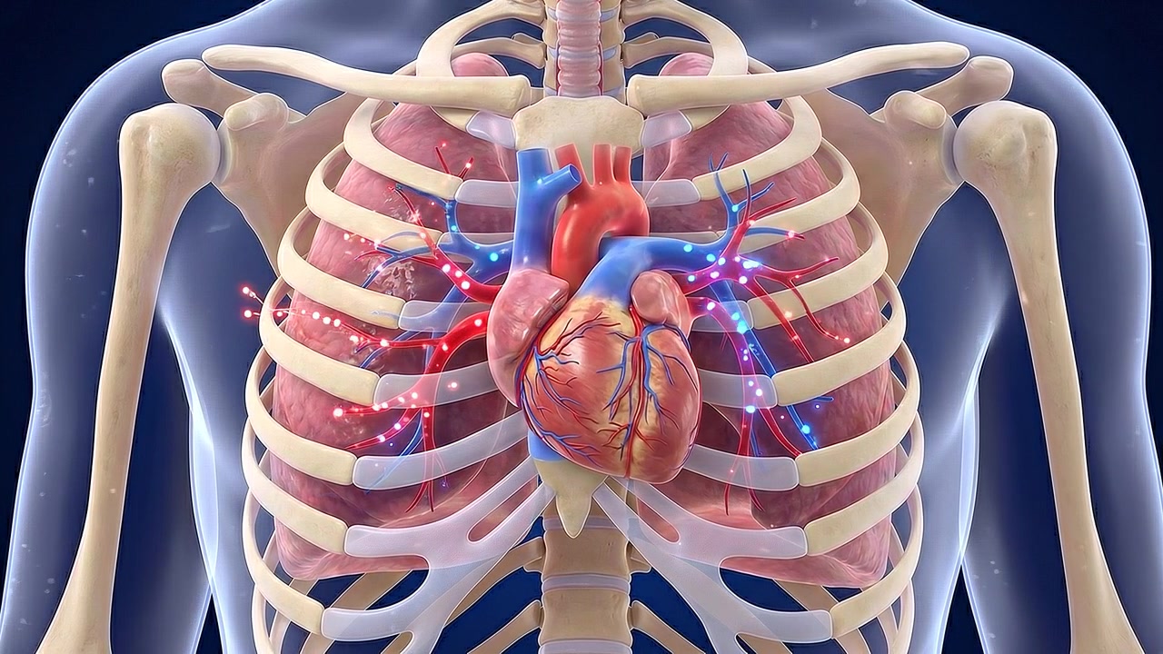 Cuore umano posizionato all'interno di una gabbia toracica trasparente con vasi principali in vista medica