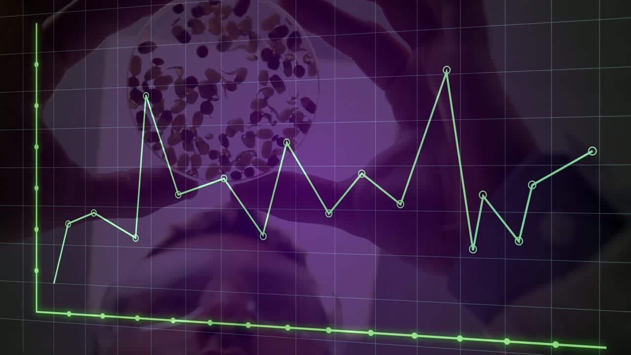 gráfico con puntos de datos fluctuantes animación sobre el científico examinando la placa de petri