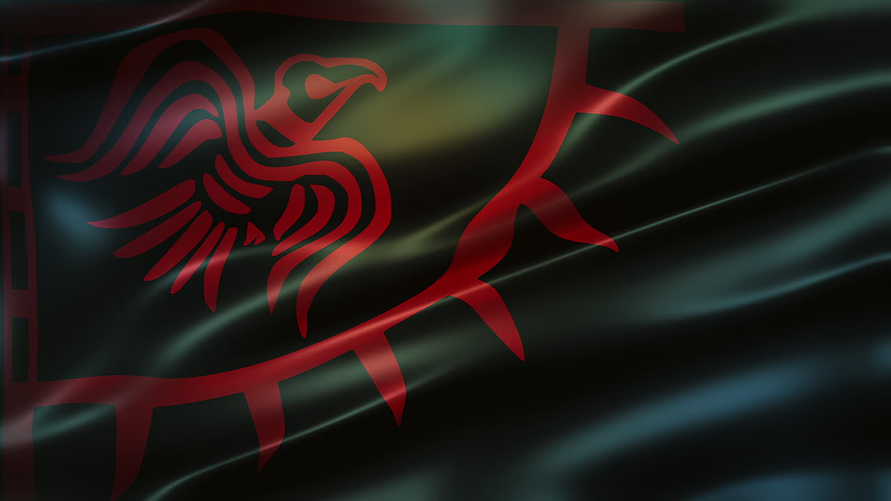 검은 배경에 빨간 까마귀 배너, 전면 뷰, 풀 프레임, 반이는, 우아한 실키 텍스처, 바람에 흔들리는, 영화 같은 외관, 현실적인 4k cg 애니메이션, 느린 동작 날아다니는, 원활한 루프 가능