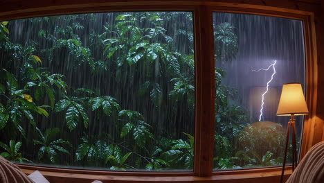 stormy night rain on plants through a window