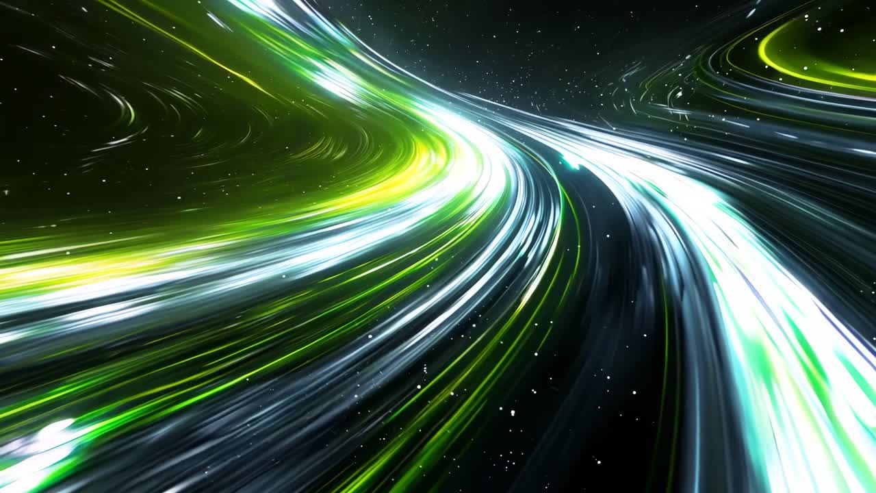 A green and blue swirl of light with a black background. The light is moving and he is coming from a spaceship