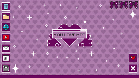 pixel art desktop interface with 'you love me?' heart and retro icons