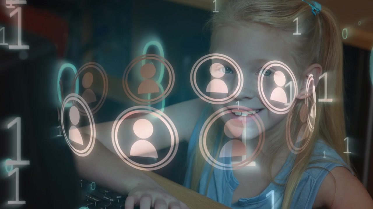 Animation of binary code and icons over caucasian girl using computer
