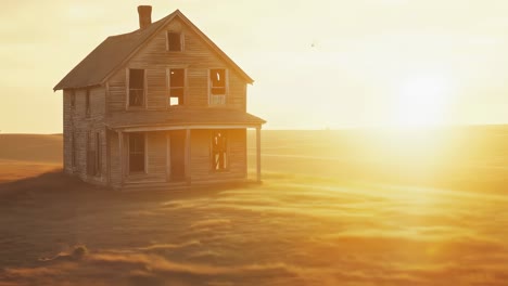 golden sunlight illuminating weathered farmhouse standing solitary in vast field, broken windows and dilapidated porch revealing passage of time against dramatic evening landscape