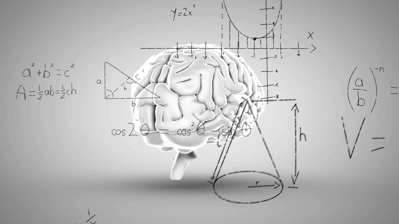 Animation of mathematical data processing over human brain on grey background