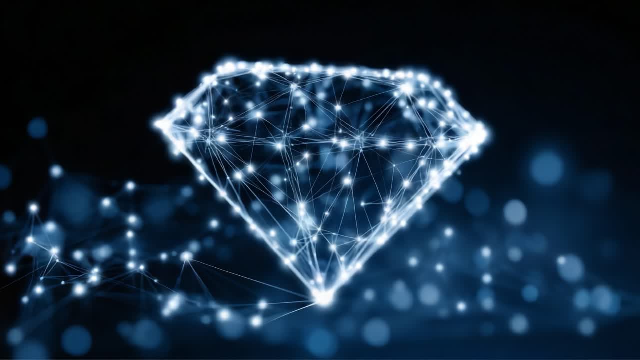 A Stunning Representation of a Diamond Created with Luminous Digital Connections, Showing an Intricate Web of Light and Energy with a Deep, Mystical Background