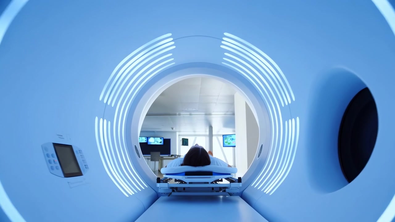 Il paziente è sdraiato supino su una barella imbottita all'interno del tunnel circolare dello scanner, con binari metallici, poggiatesta e superfici cliniche lisce visibili, mentre anelli LED ciano concentrici creano un'atmosfera medica pulita e moderna.