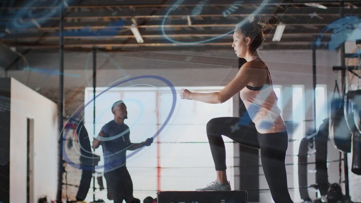 Timer starting, woman doing plyo-box jumps for fitness, man jump-roping, blue swirls accenting