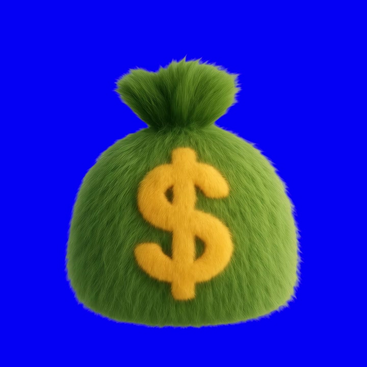 Saco de dinheiro verde peludo animado em 3D com cifrão.