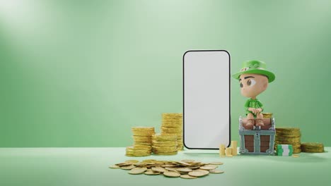 Fortuna-Digital:-Figura-De-Duende-Con-Monedas-De-Oro-Y-Fondo-Verde-De-Teléfono-Inteligente