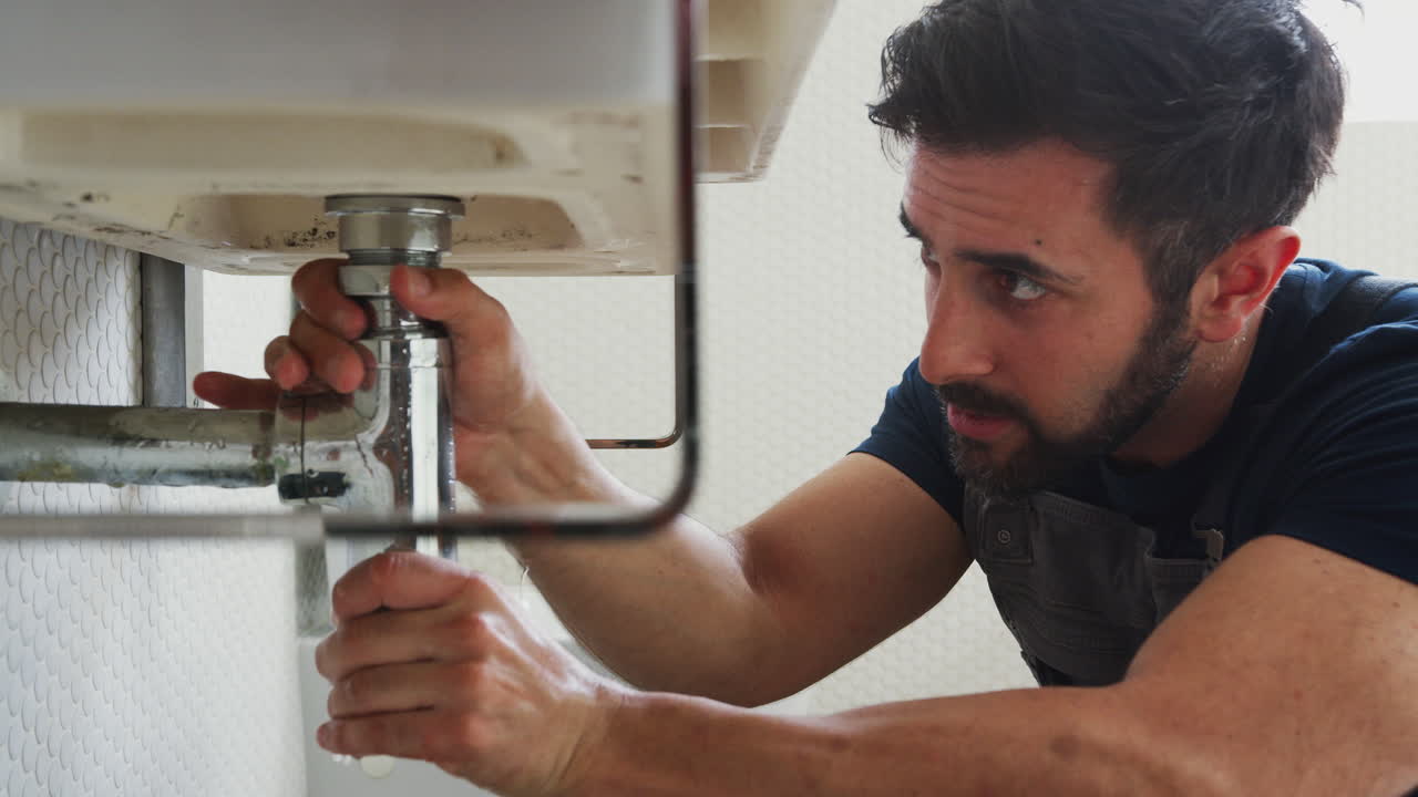 fontanero masculino trabajando para arreglar el fregadero con fugas en el baño de la casa