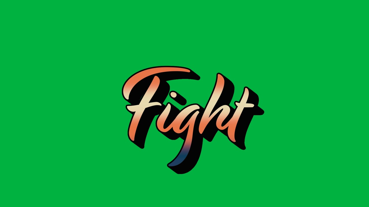 Animazione del testo "fight" in lettere con gradiente arancione e ombra esterna su sfondo bianco.