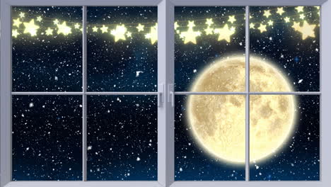 digital animation of fairy lights on window frame against snow falling against moon in night sky