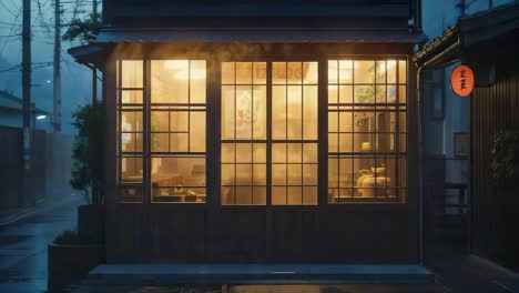 cozy traditional japanese teahouse at night
