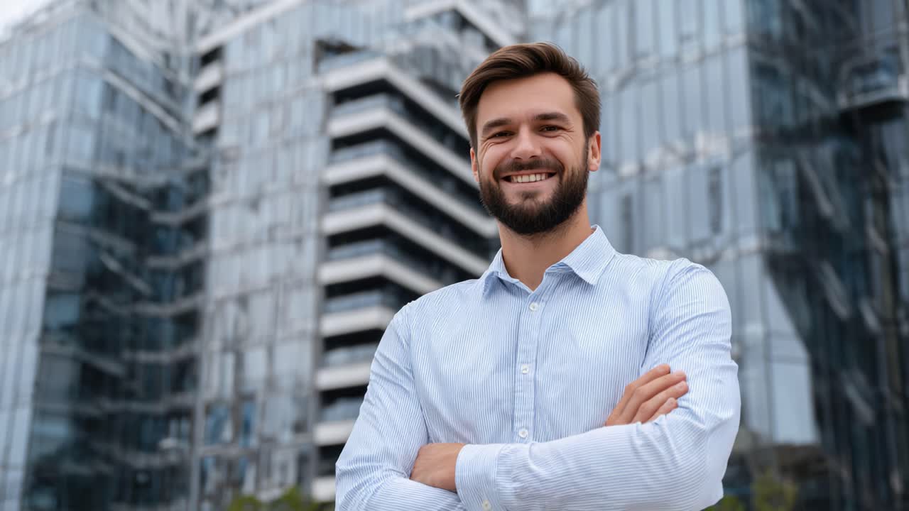 Confident Young Man in a Light Blue Shirt Smiling in Front of a Modern Urban Building with Glass Facade, Projecting Positivity and Professionalism
