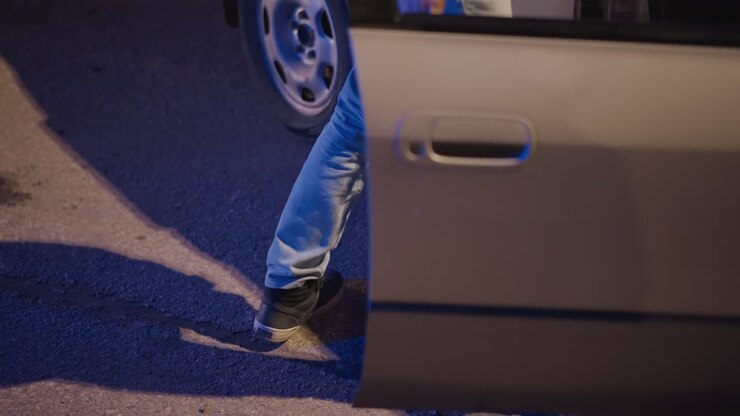 Pies caminando de noche acercándose a un coche aparcado, patrulla de seguridad solitaria en vaqueros y botas moviéndose sobre asfalto agrietado hacia un sedán plateado, mano alcanzando el manillar de la puerta, luces de neón azules y cálidas