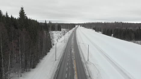 aerial, drone shot, over a small truck, on road 6, surrounded by snowless trees, on a cloudy, winter day, in kontionlahti,, north karelia, finland