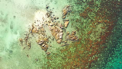 Beautiful-limestone-cliffs-shining-at-sunrise,-surrounded-by-calm-clear-water-of-turquoise-lagoon-with-corals-and-pebbles-in-Thailand