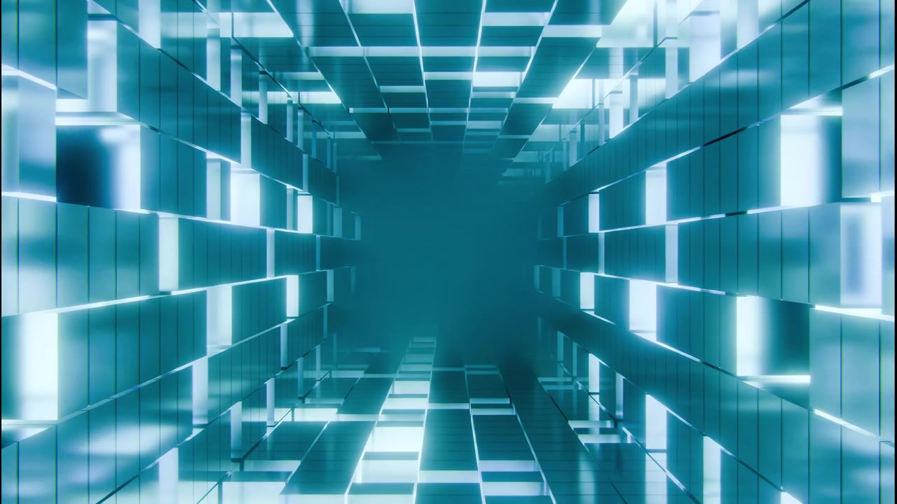 Symmetrical corridor made of glowing teal and white panels, reflective metallic surfaces, layered floor and ceiling, and soft haze that draws eye to dark vanishing point.